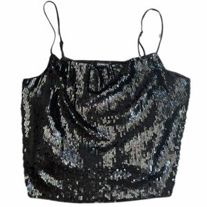 Express Black Sequined Cowl Neck Spaghetti Strap Crop Top